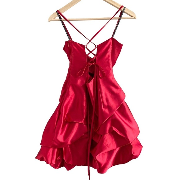 Jessica McClintock for Gunne Sax Red Bubble Dress String Crisscross Back - Picture 4 of 14